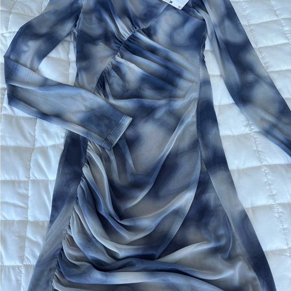 Zara Blue and Gray Asymmetrical Long Sleeve Bodycon Dress